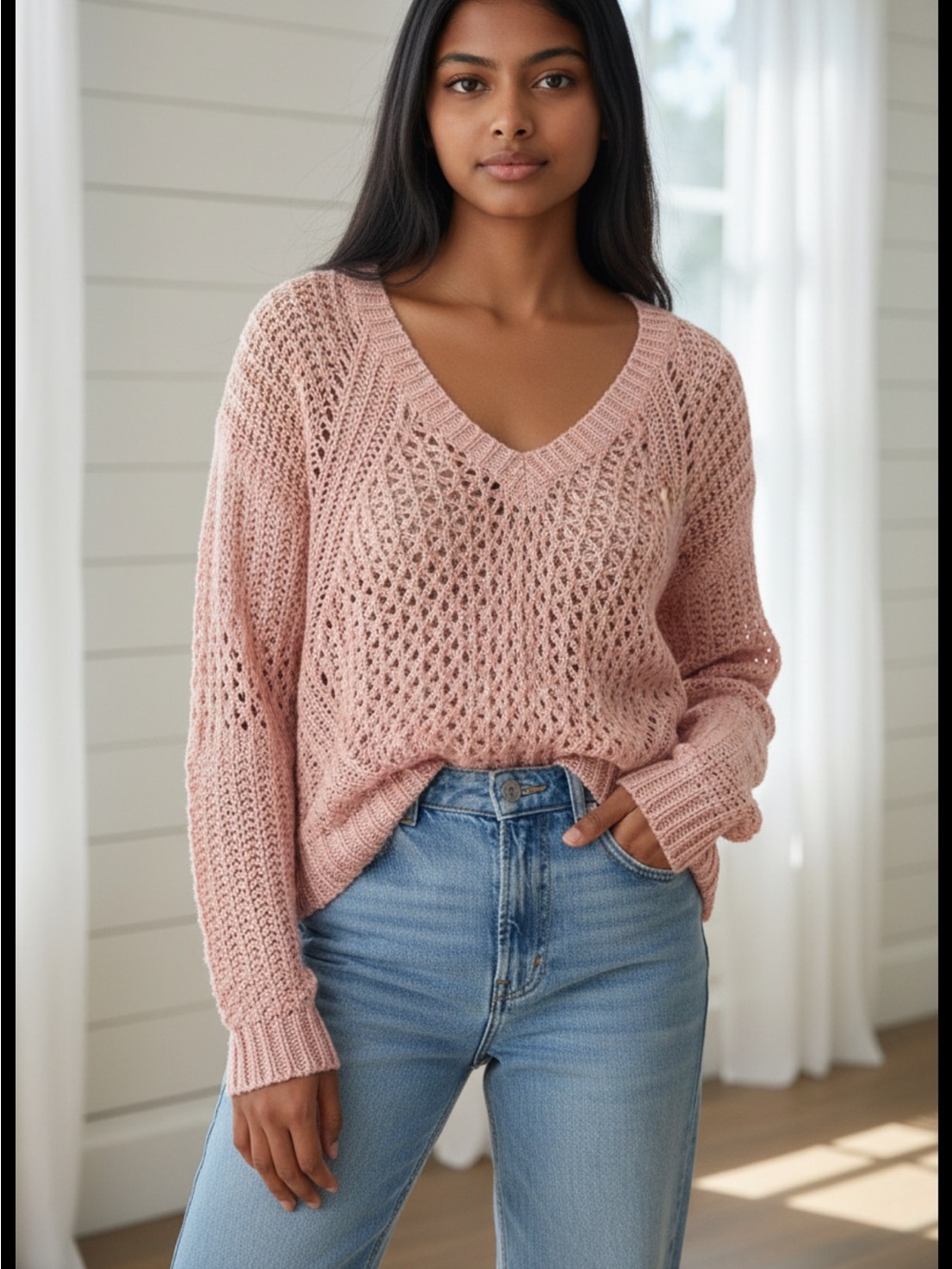 Hem & Thread Coral Pink V-Neck Sweater